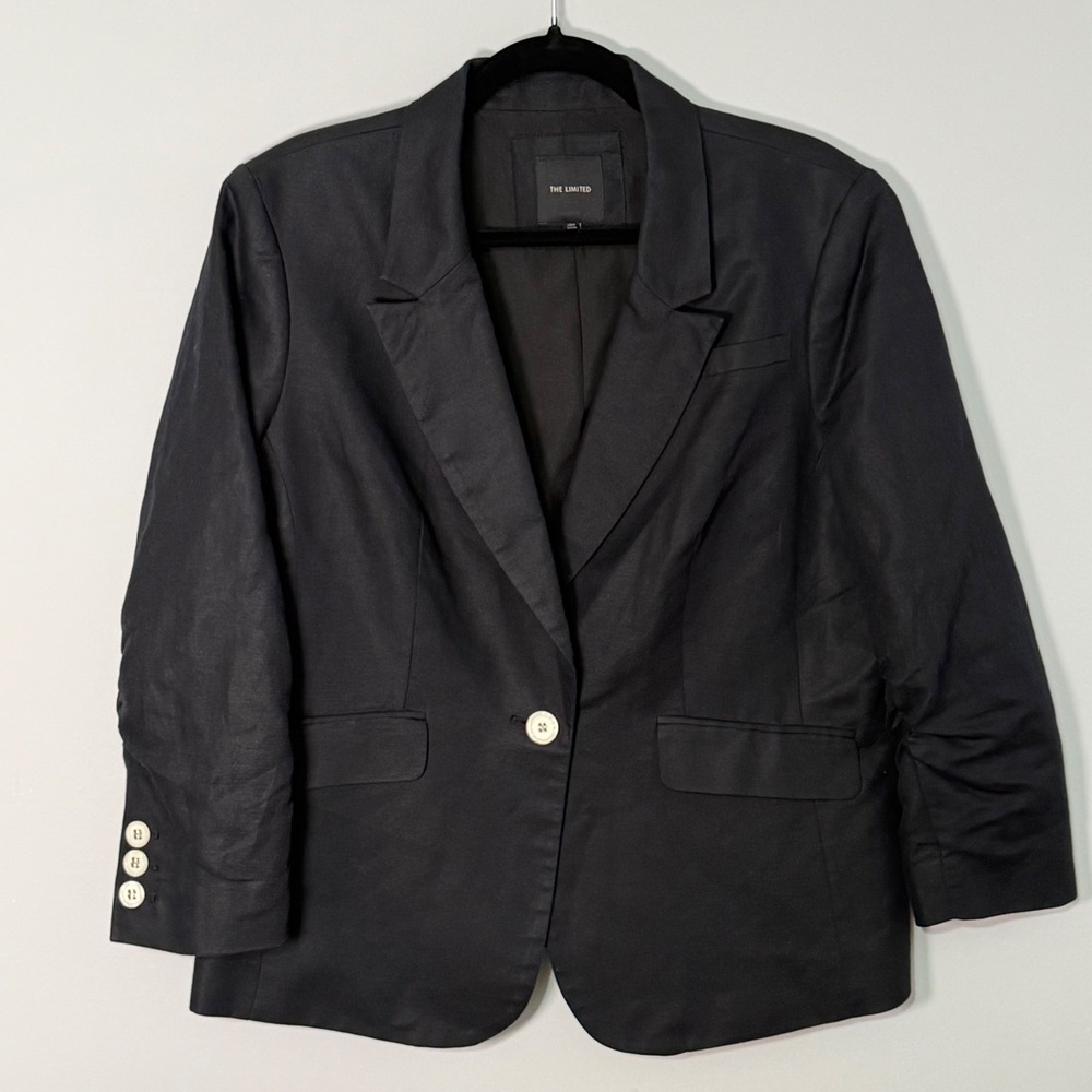 The Limited Black Linen Blazer XL Dark Academia Office 3/4 Ruched Sleeve SU4755
